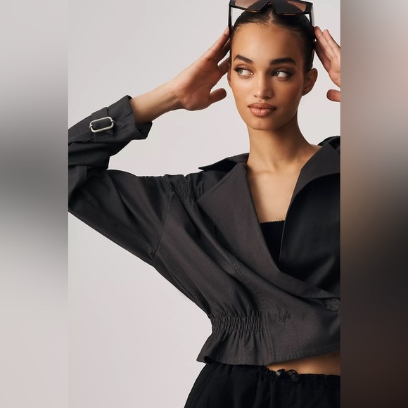 By Anthropologie Cropped Ruched-Sleeve Washed Black Cotton Moto Jacket EUC Sz XL - Picture 5 of 12